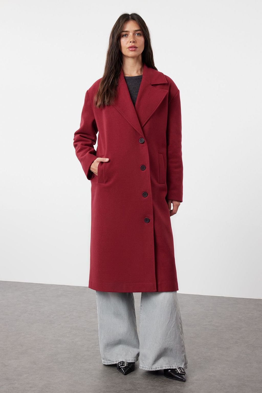 Bordo Asimetrik Kapamal? Yumusak Dokulu Oversize Kaban TWOAW25KB00009 - Trendyolmilla фото 6