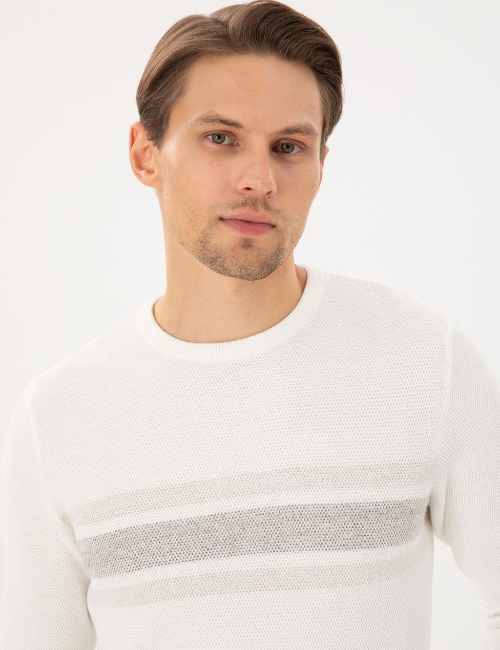 Ekru Slim Fit Bisiklet Yaka Triko Kazak
