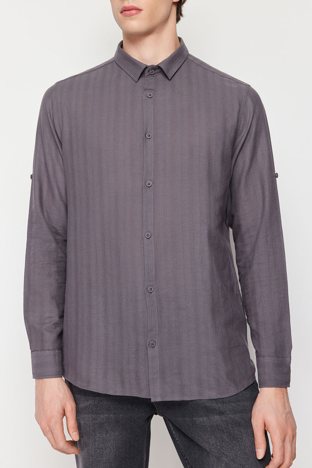 Antrasit Regular Fit Etamin Dokulu Gomlek TMNSS24GO00030