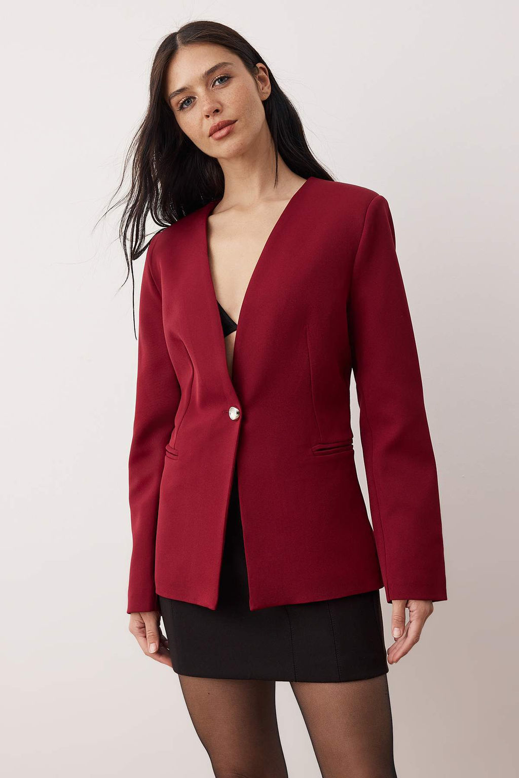 Bordo Fitted/Vucuda Oturan Tek Dugmeli Dokuma Blazer Ceket TWOAW26BC00066