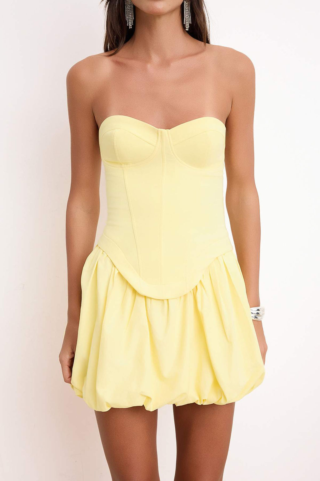 Ac?k Sar? Balon Etek Detayl? Dokuma Mini Elbise TPRSS26EL00038