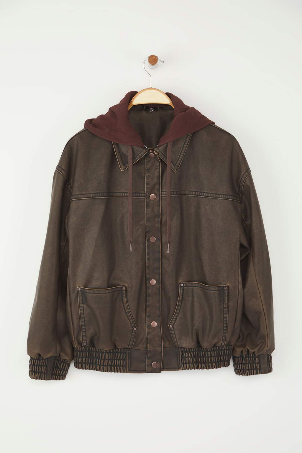 Kahverengi Oversize C?kar?labilir Kapusonlu Eskitme Efektli Suni Deri Bomber Mont TWOAW26MO00008 - Trendyolmilla фото 5