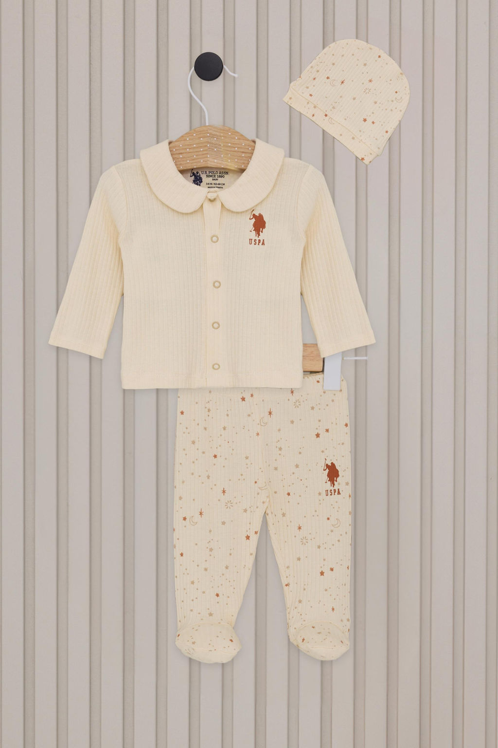 K_z Bebek Krem G_ky_z_ Desenli Fitilli %100 Pamuk 3l_ Pijama Tak_m_