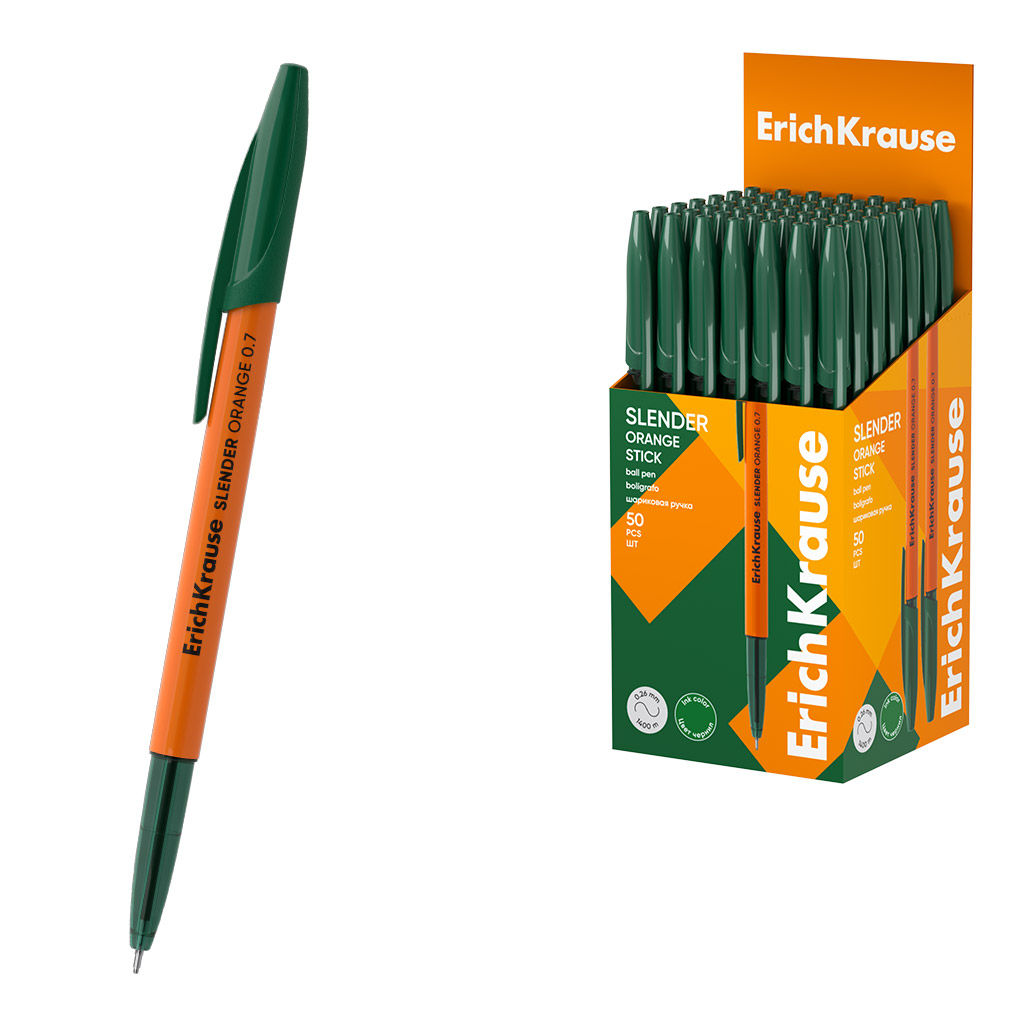 Цена за 50 шт. Ручка шариковая ErichKrause Slender® Stick Orange 0.7, Super Glide Technology, цвет чернил зеленый (в коробке по 50 шт.)