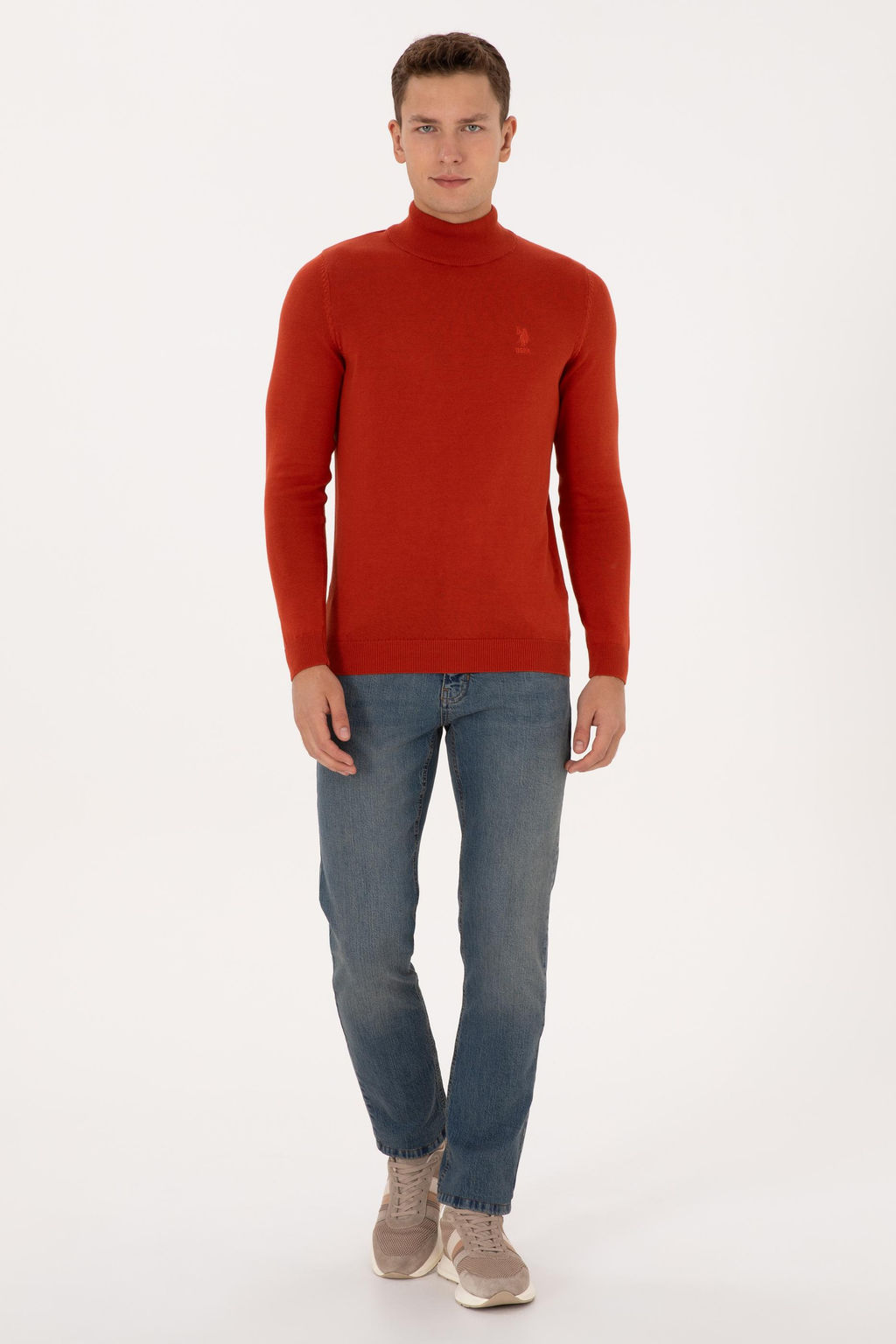 Erkek Slim Fit Yar_m Bal_k__ Yaka Kiremit Basic Kazak - U.s. polo assn фото 4