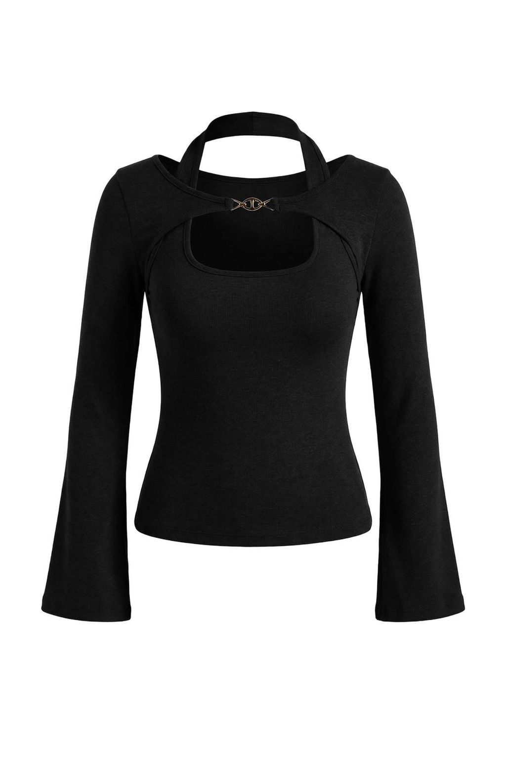 Siyah Fitted/Vucuda Oturan Kay?k Yaka Aksesuar Detayl? Pamuk Ribana Orme Bluz TWOSS26BZ00222