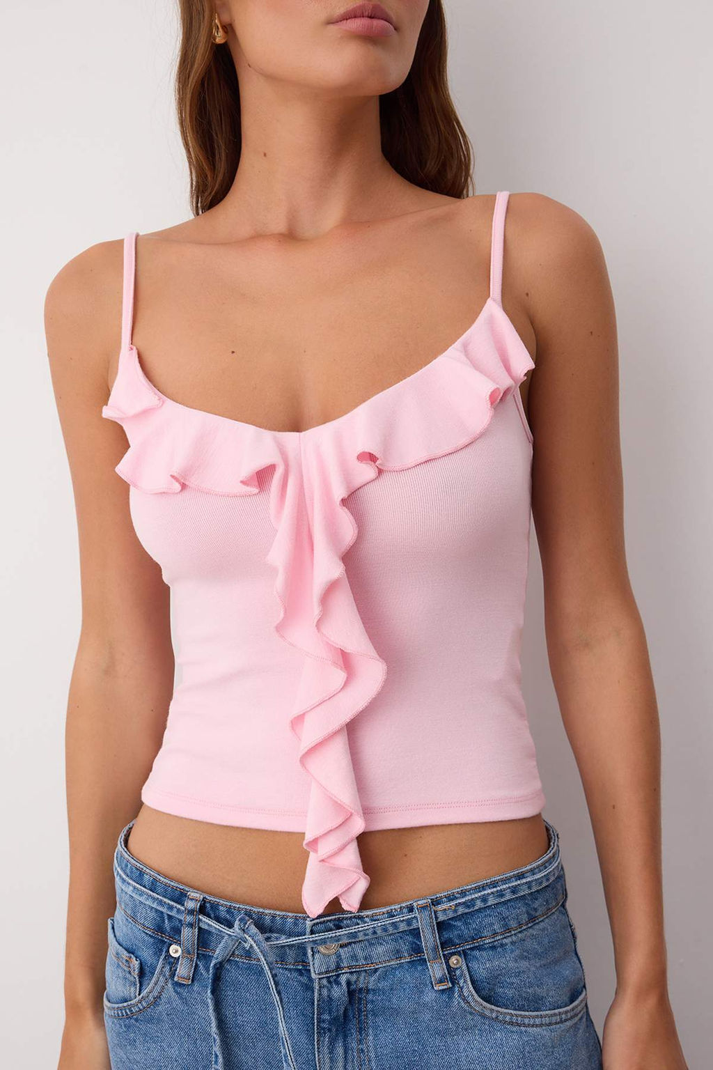 Pembe Ask?l? F?rf?rl? Fitted/Vucuda Oturan Orme Bluz TWOSS25BZ00601
