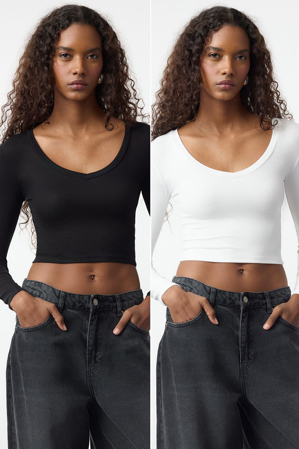 Trendyolmilla Siyah-Ekru 2li Paket Fitted/Vucuda Oturan Orme Bluz TWOAW25BZ00306