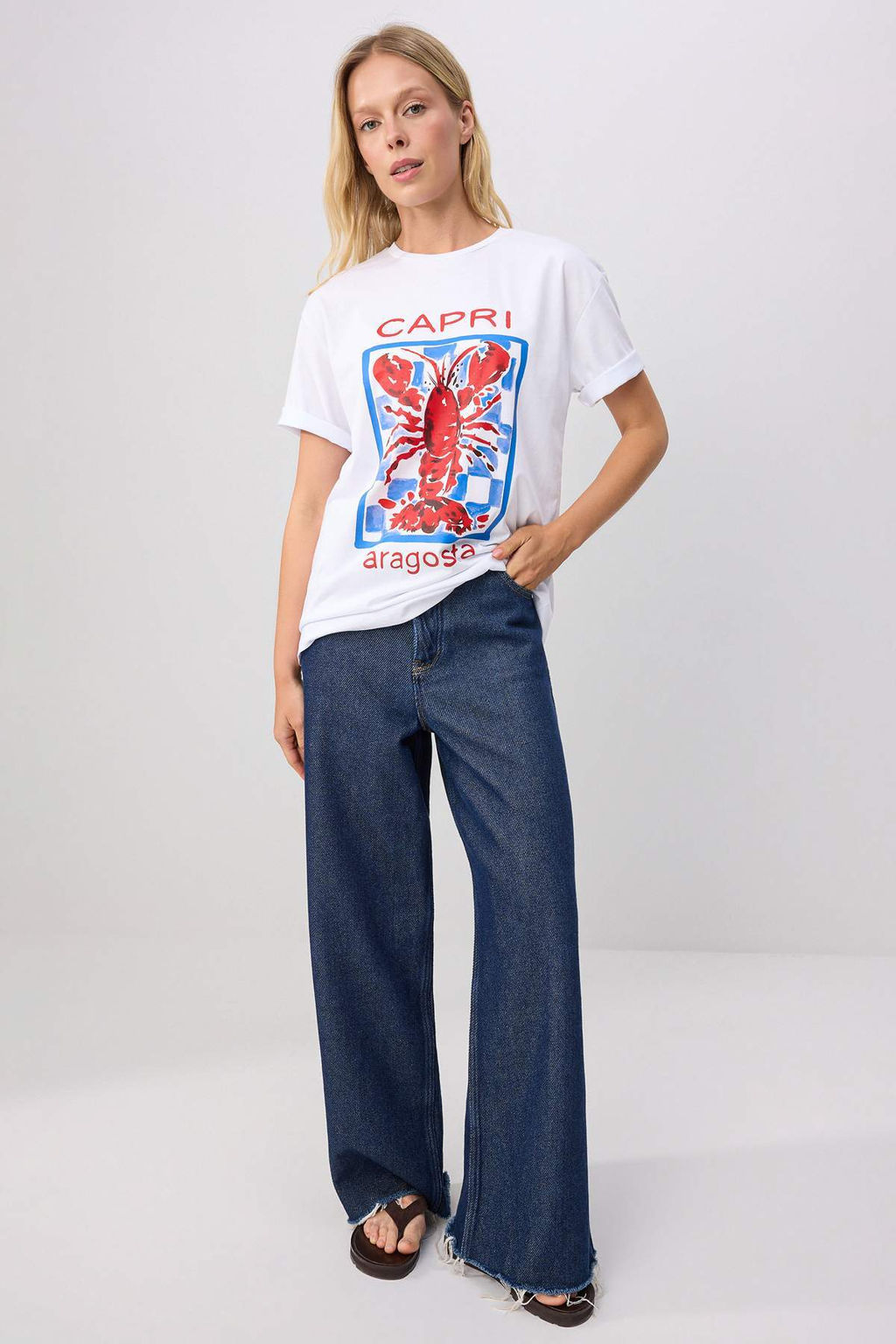 Beyaz %100 Pamuk Istakoz Bask_l_ Bisiklet Yaka Oversize _rme T-Shirt TWOSS26TS00351 - Trendyolmilla фото 2