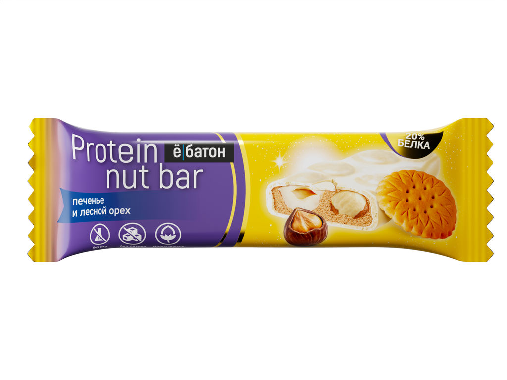 Батончик Protein nut bar со вкусом печенья с цельным лесным орехом, тм Ё|батон, 40 г