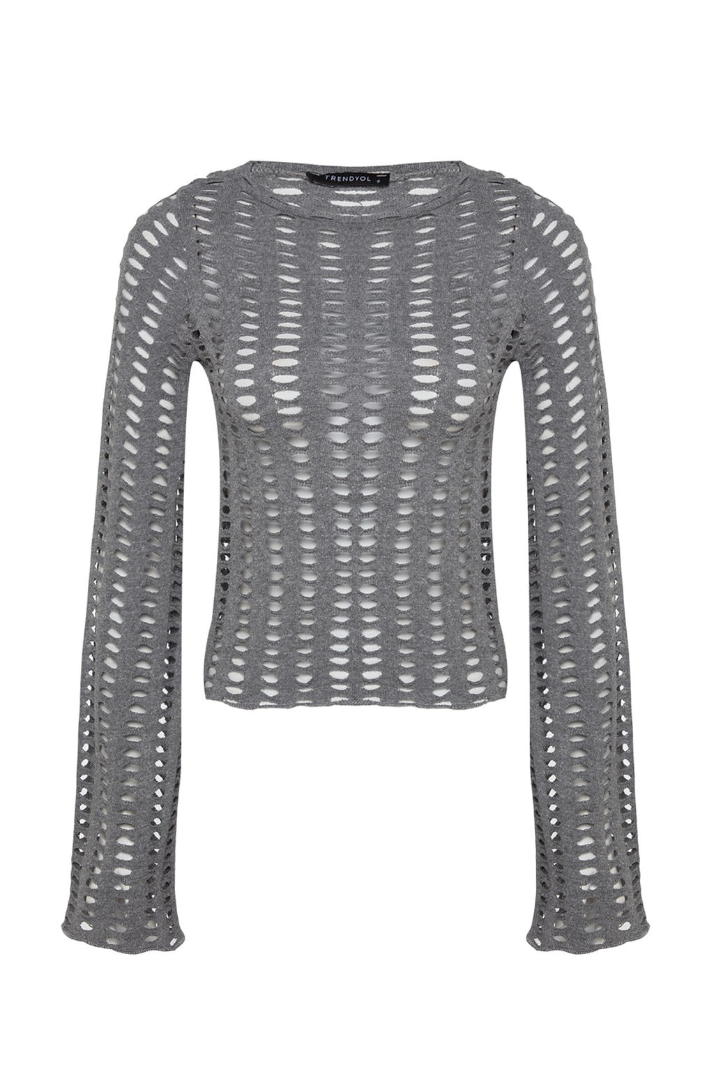 Trendyolmilla Gri Fileli Ispanyol Kol Slim Fit Crop Bisiklet Yaka Orme Bluz TWOAW24BZ00279 фото 7