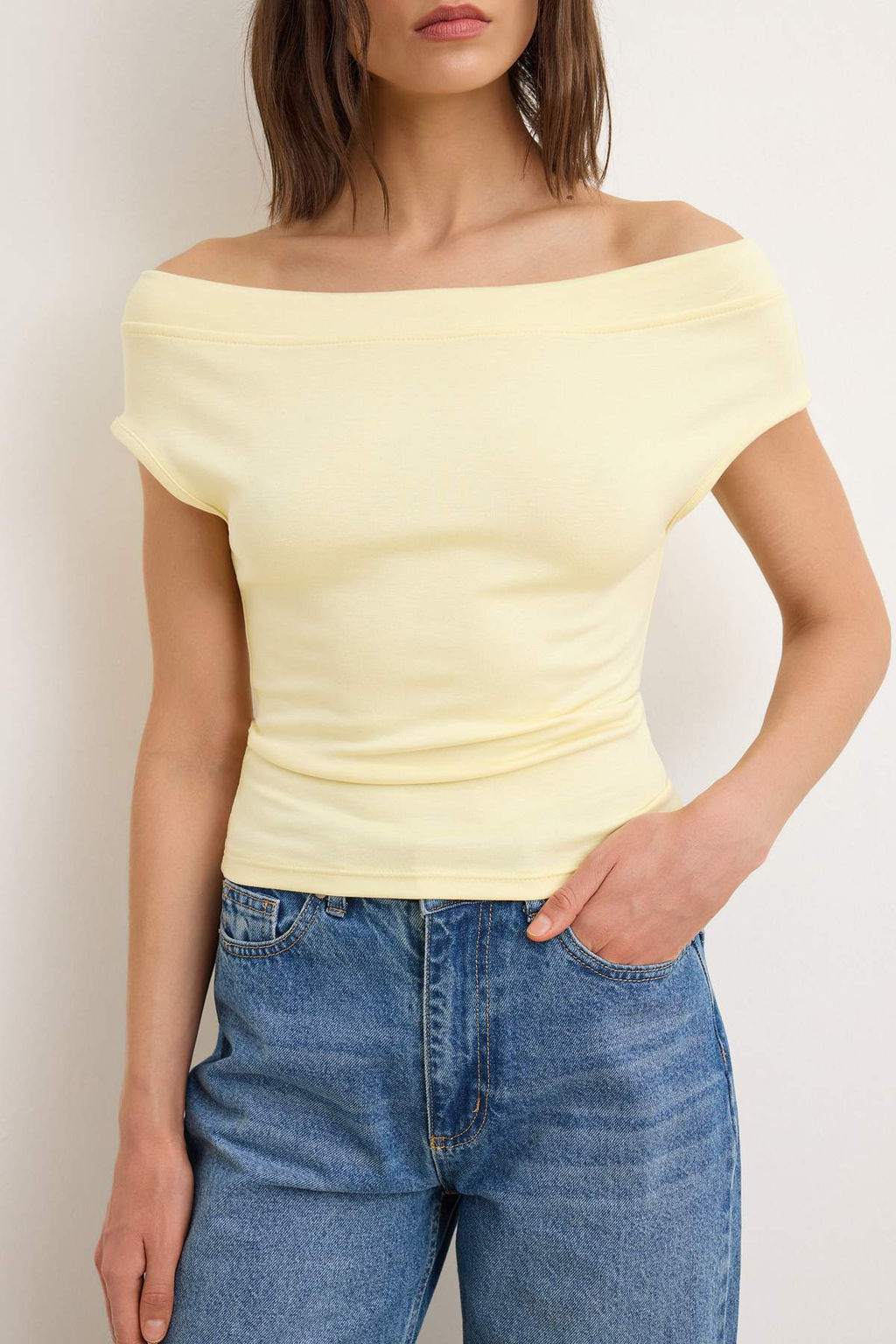 Sar? Fitted/Vucuda Oturan Carmen Yaka Kolsuz Esnek Orme Bluz TWOSS26BZ00788 - Trendyolmilla фото 3