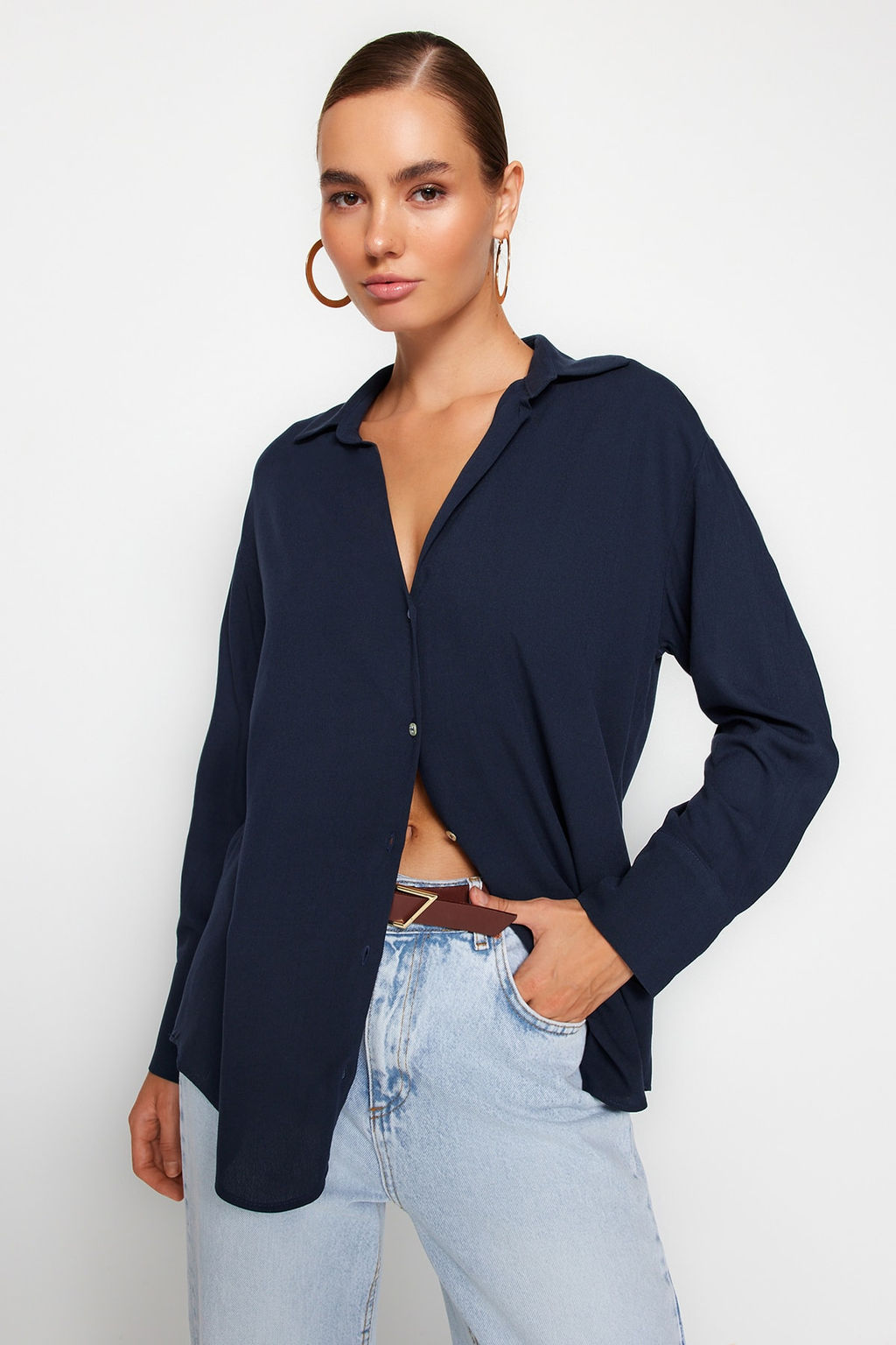 Lacivert Basic Oversize Genis Kal?p Dokuma Gomlek TWOAW24GO00207