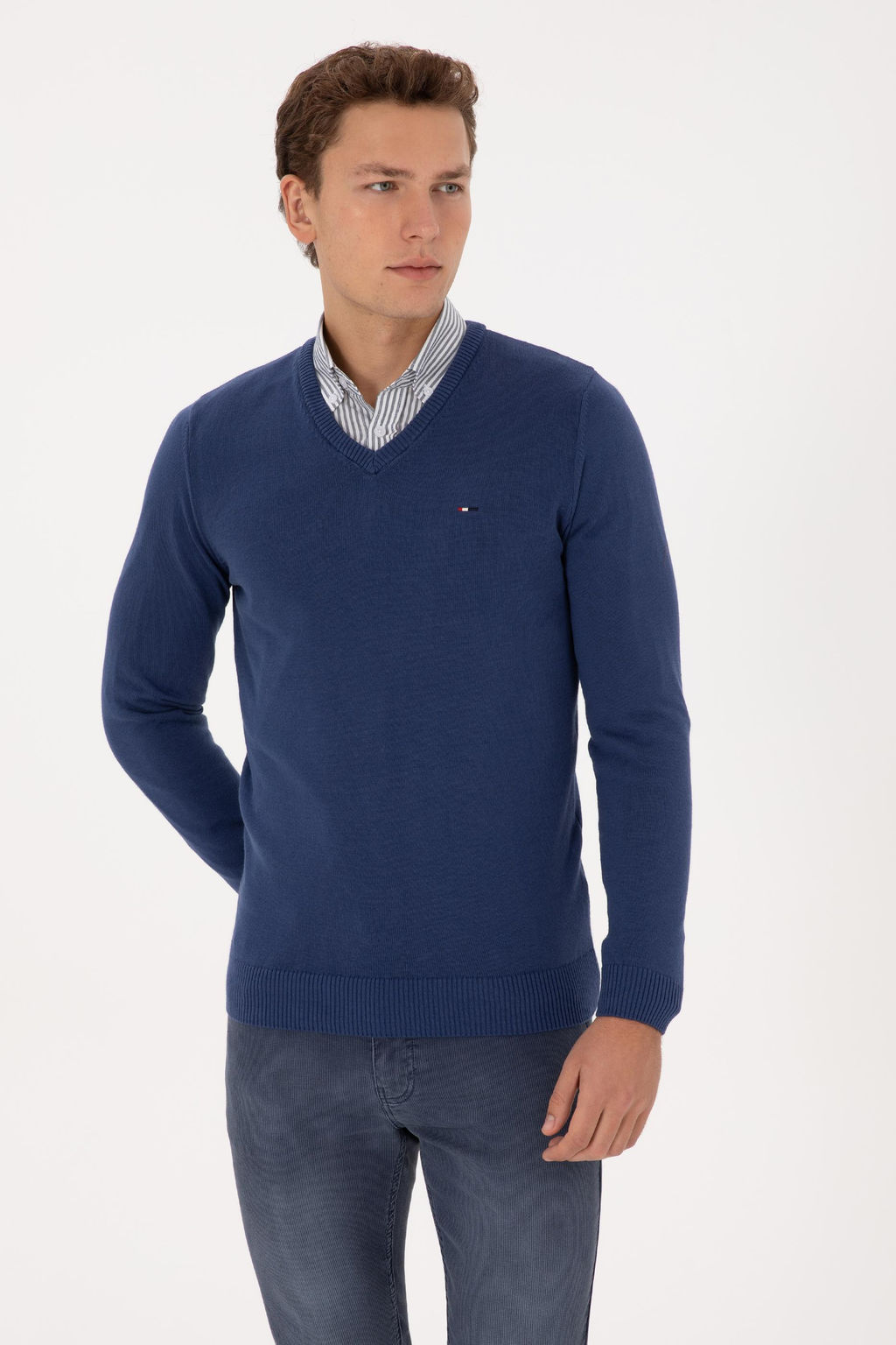 Erkek Slim Fit V Yaka _ndigo Basic Kazak - U.s. polo assn фото 3