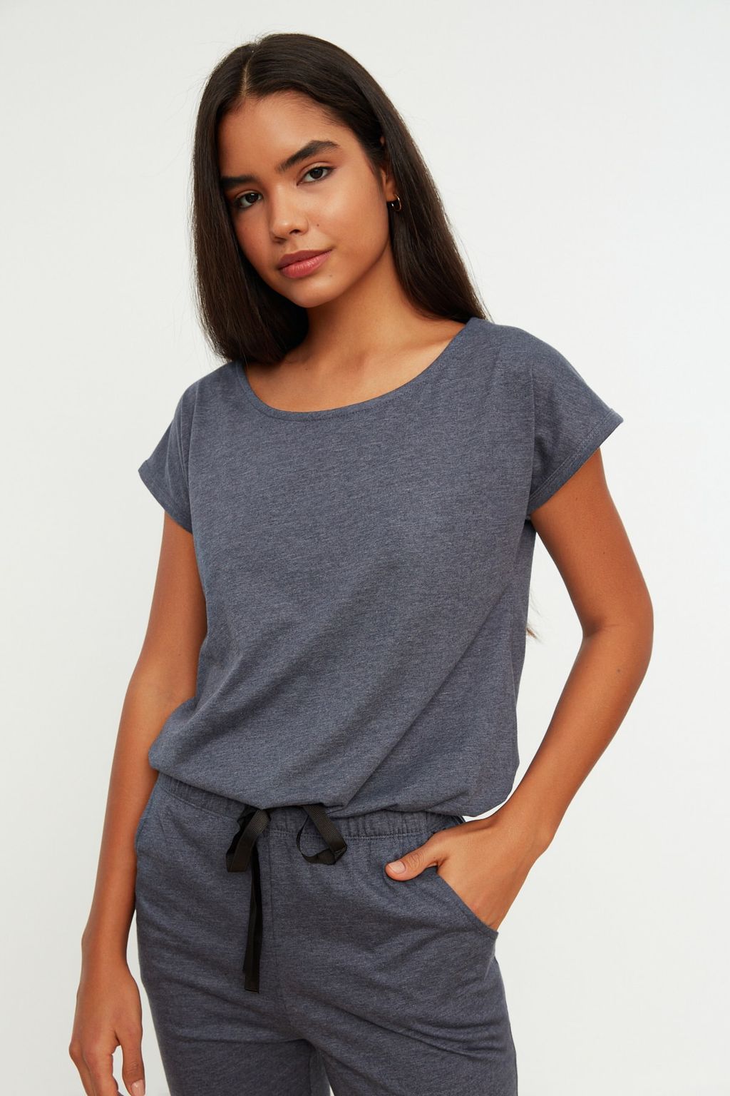 Trendyolmilla Lacivert %100 Pamuklu Baglama Detayl? T-shirt-Pantolon Orme Pijama Tak?m? THMSS20PT0068  фото 2