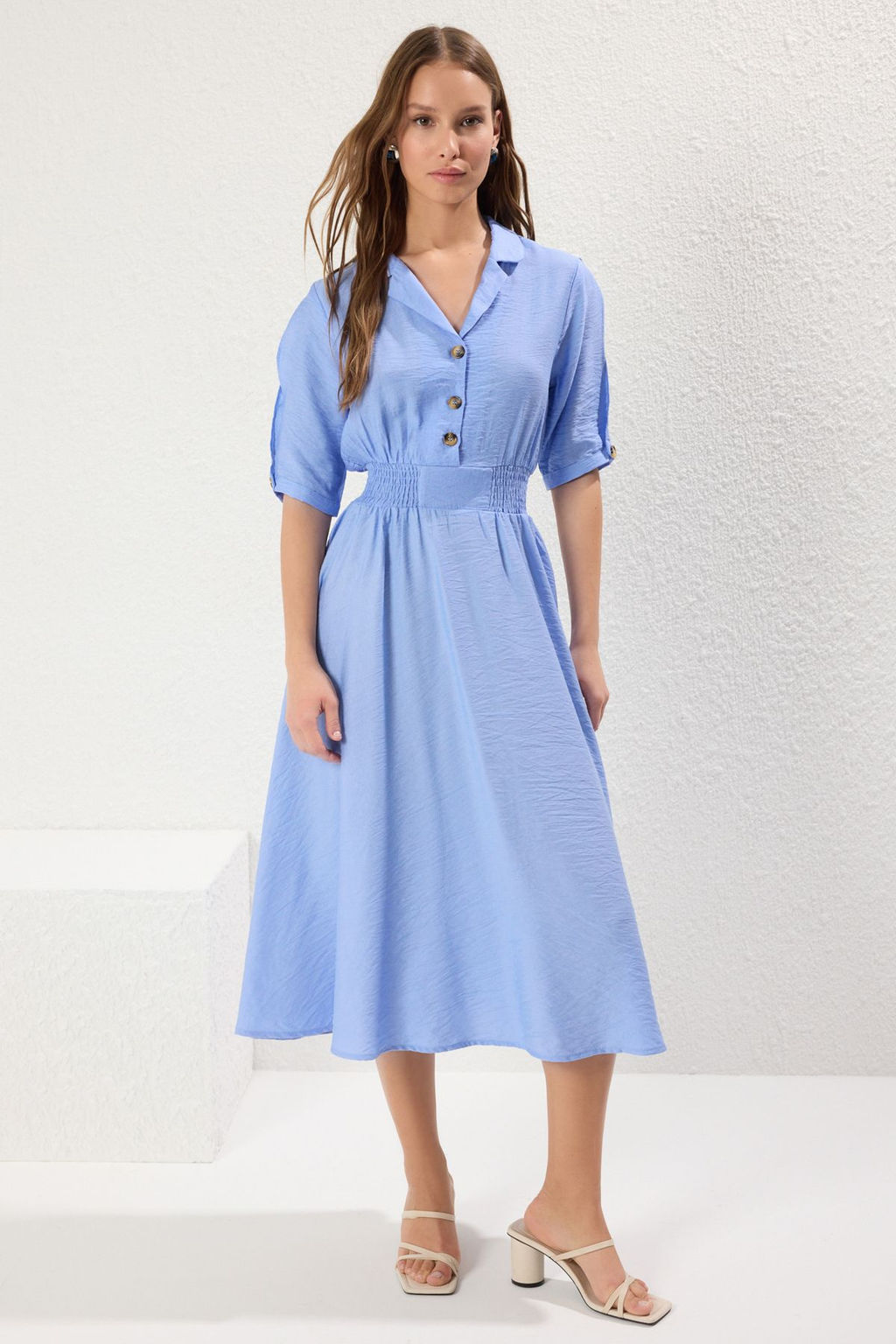 TRENDYOLMILLA Turuncu A Kesim Gomlek Yaka Gipeli Midi Dokuma Elbise TWOSS21EL1023  фото 22