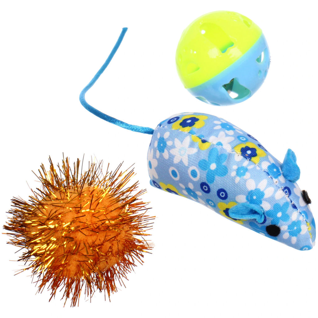 Цена за 6 шт. Игрушки для кошек в наборе 3шт "ИГРУЛИК", цвет синий и зеленый,