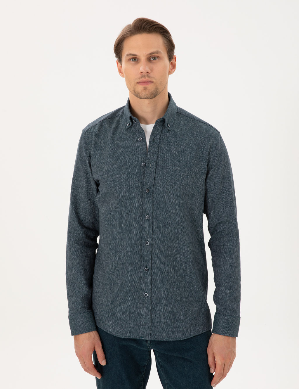 Ye_il Regular Fit Uzun Kollu Oxford G_mlek