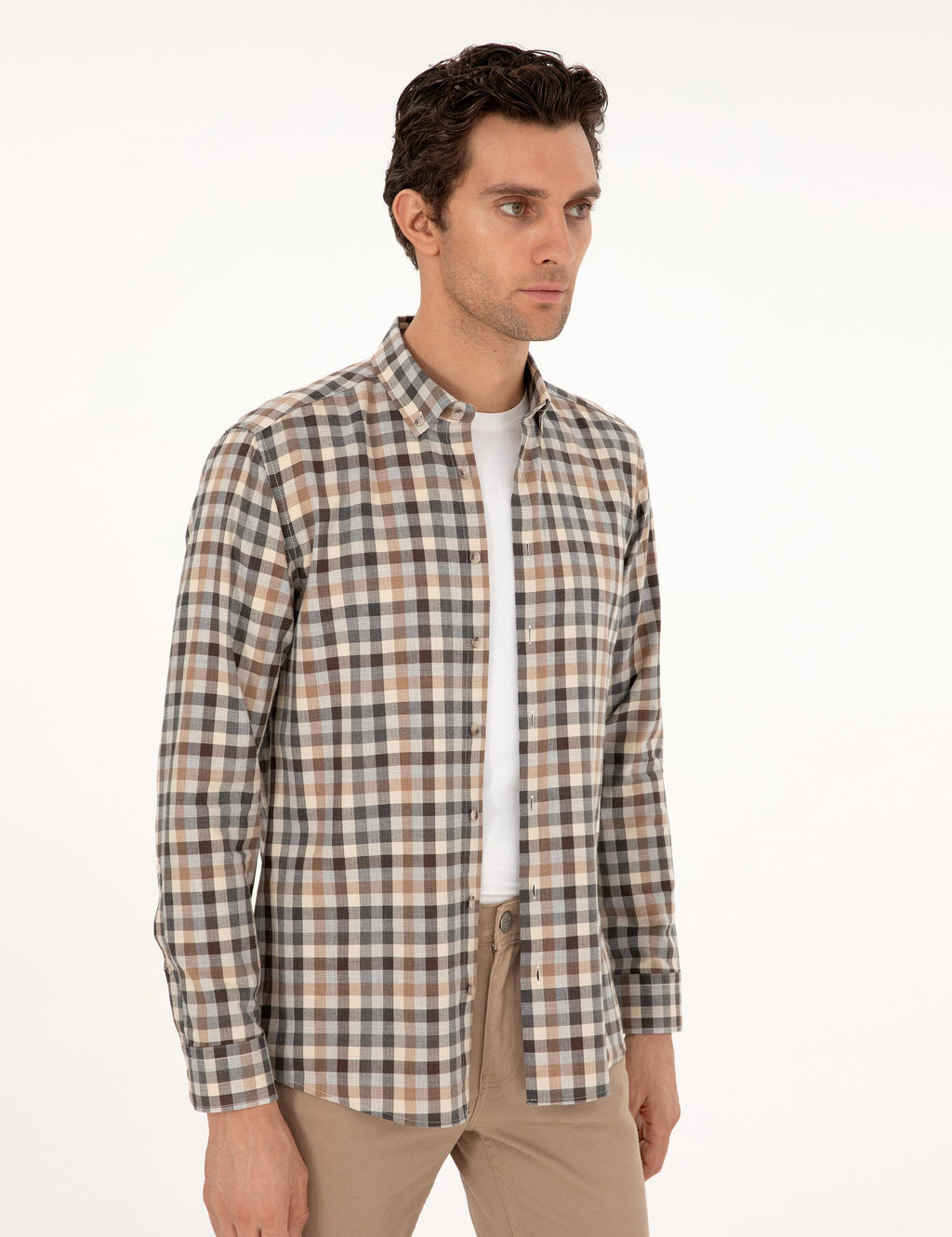Коричневая приталенная рубашка в клетку - Cacharel фото 3