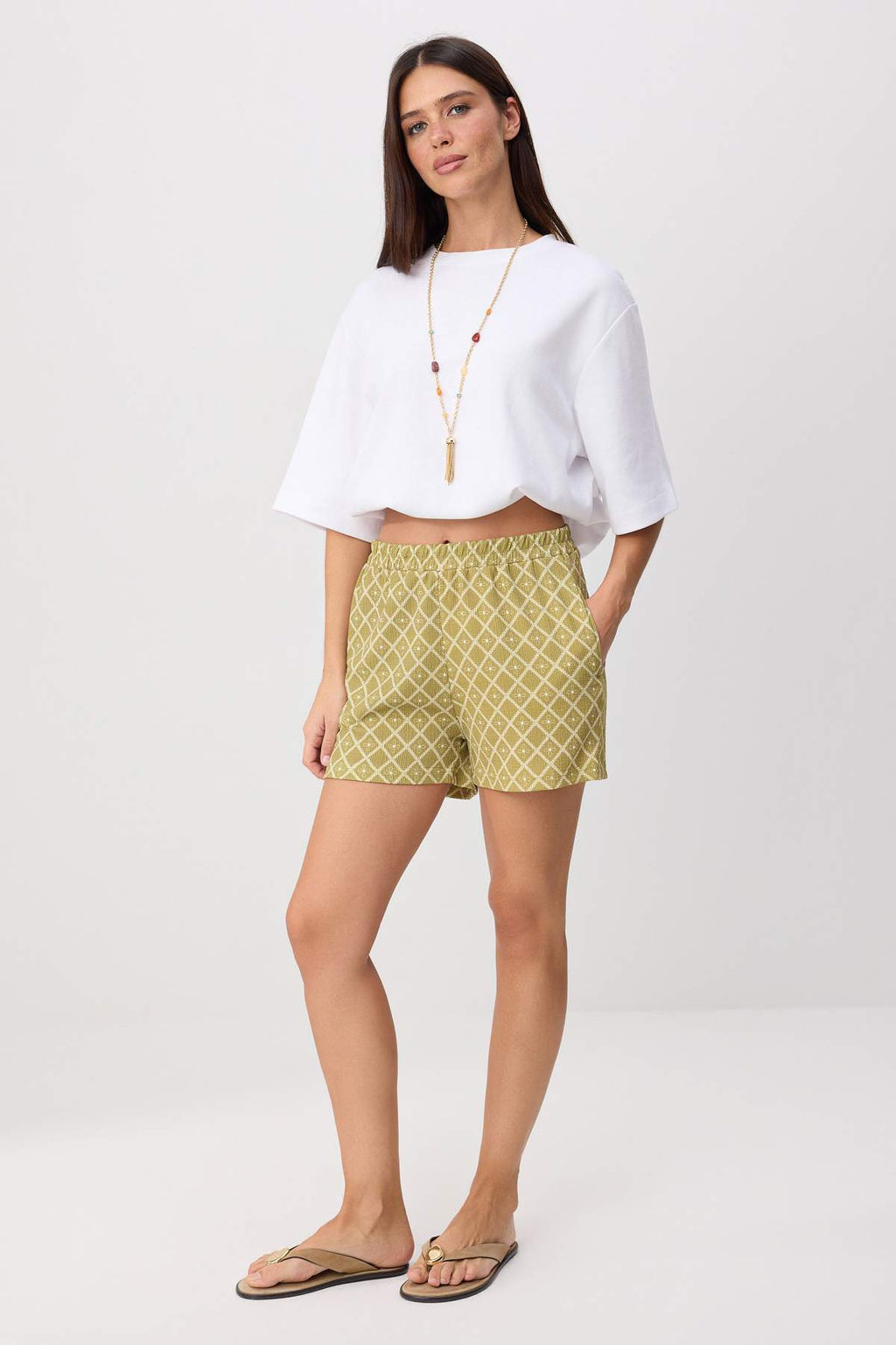 Ya_ Ye_ili Desenli Relaxed/Rahat Kal_p Esnek _rme _ort & Bermuda TWOSS26SR00237