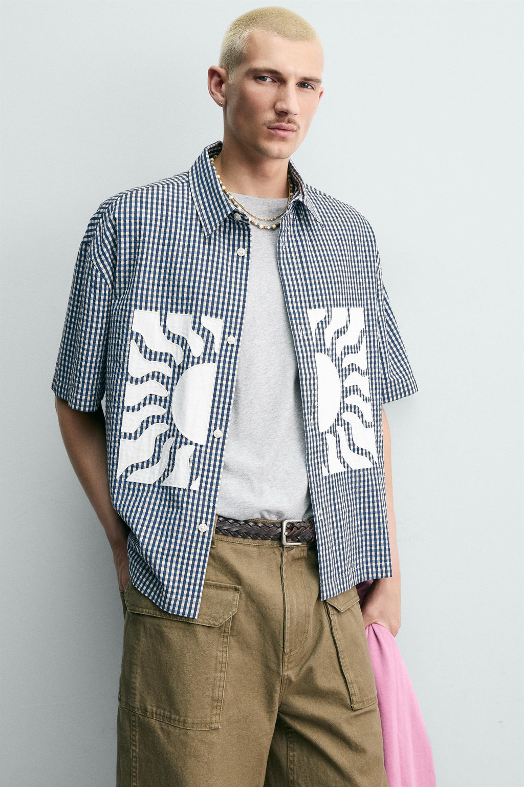 CAMISA BOXY FIT CUADROS PARCHES CONTRASTE / Azul / Blanco - Zara фото 5