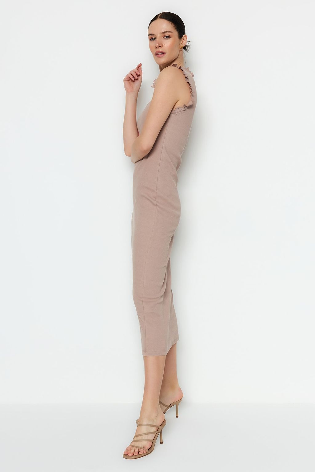 Vizon F?rf?r Detayl? Fitilli Bodycone/Vucuda Oturan Midi Smart Esnek Orme Kalem Elbise TWOSS22EL1569