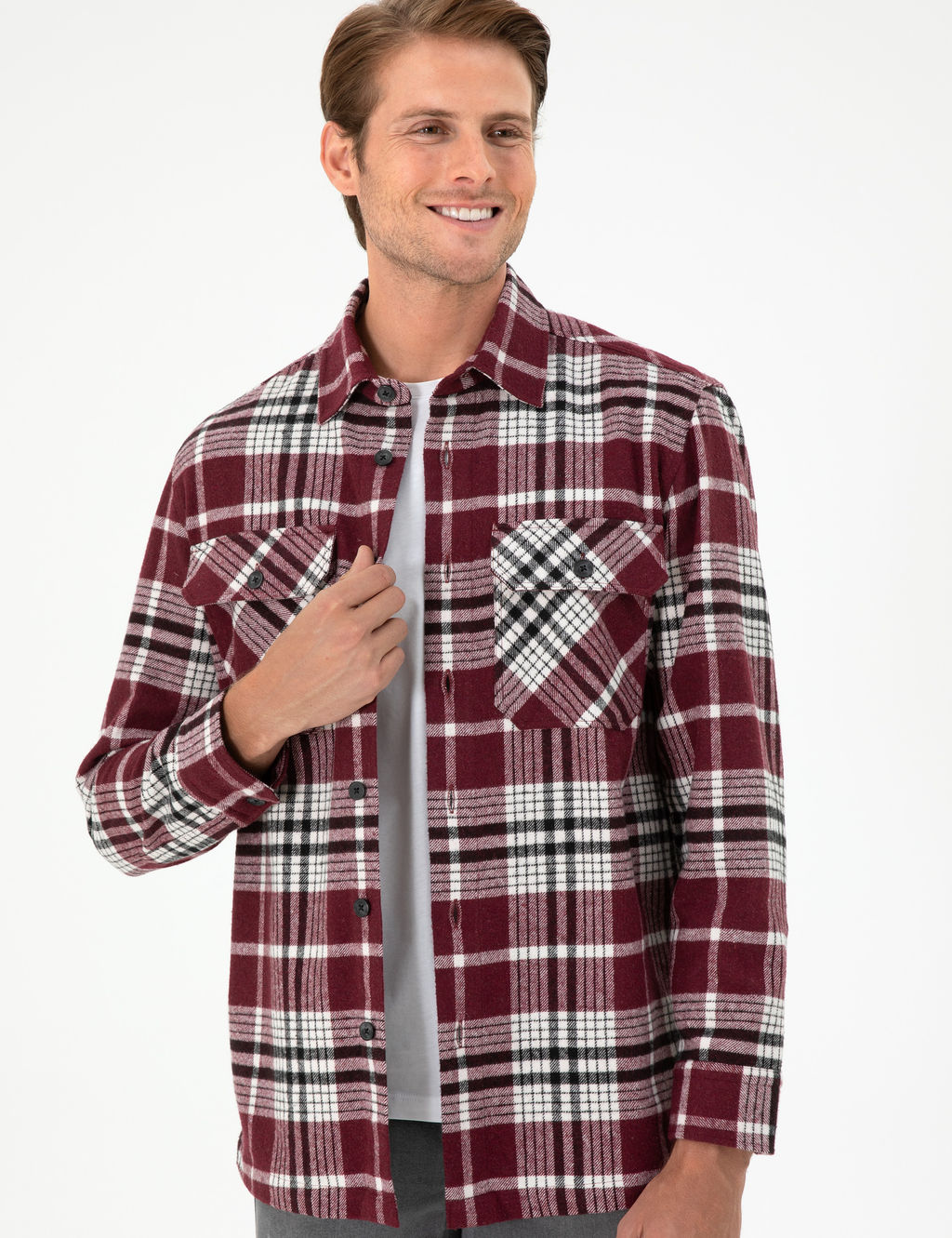 Bordo Klasik Yaka Oduncu _ift Cepli Oversize G_mlek Ceket