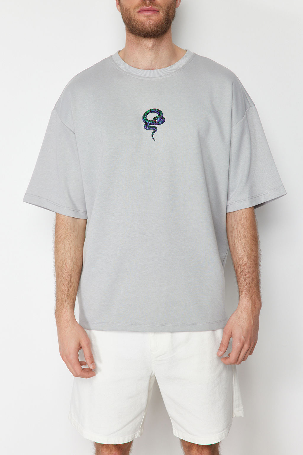 TRENDYOL MAN Premium Gri Oversize Y?lan Nak?sl? Kal?n Premium T-Shirt TMNSS24TS00018 - Trendyolmilla фото 5