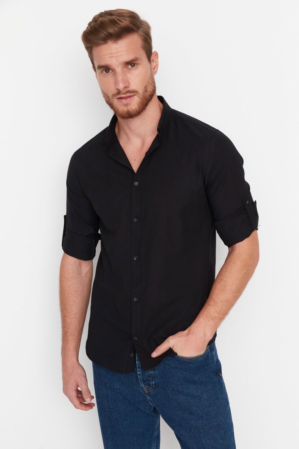 TRENDYOL MAN Koyu Yesil Dugmeli Yaka Apoletli Slim Fit Uzun Kol %100 Pamuklu Keten Gorunumlu Gomlek TMNSS20GO0189 - Trendyolmilla фото 15
