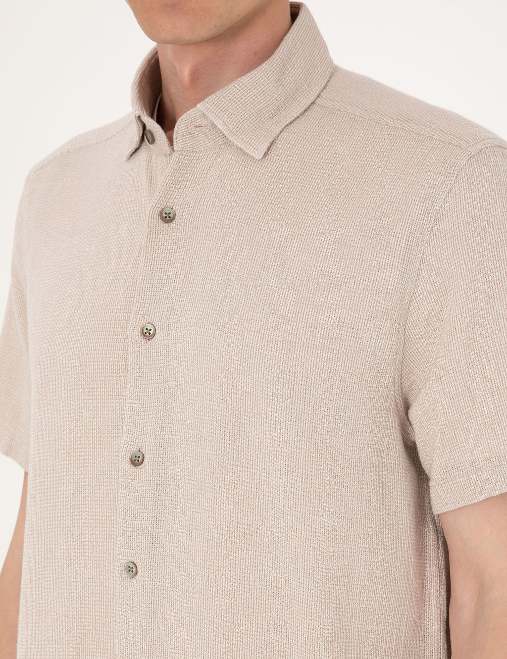Bej Mikro Desenli %100 Pamuk Comfort Fit Rahat G_mlek