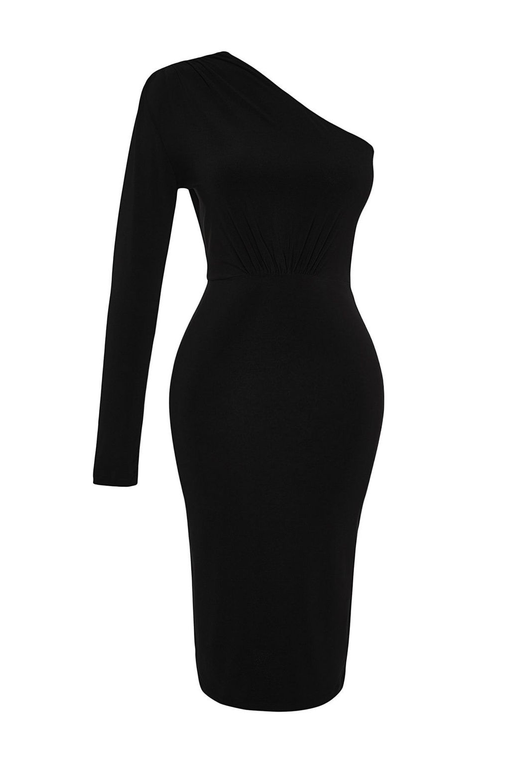TRENDYOLMILLA Siyah Drape Detayl? Tek Omuzlu Fitted/Vucuda Oturan Midi Esnek Orme Elbise TWOAW24EL00123  фото 7