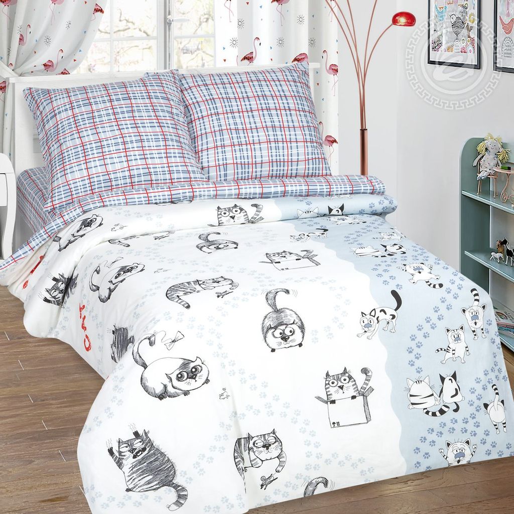 Мейсон 1,5 сп./Пододеяльник: 1 шт. - 215*145; Простыня: 1 шт. - 214*150; Наволочка: 2 шт. - 70*70; Поплин детский