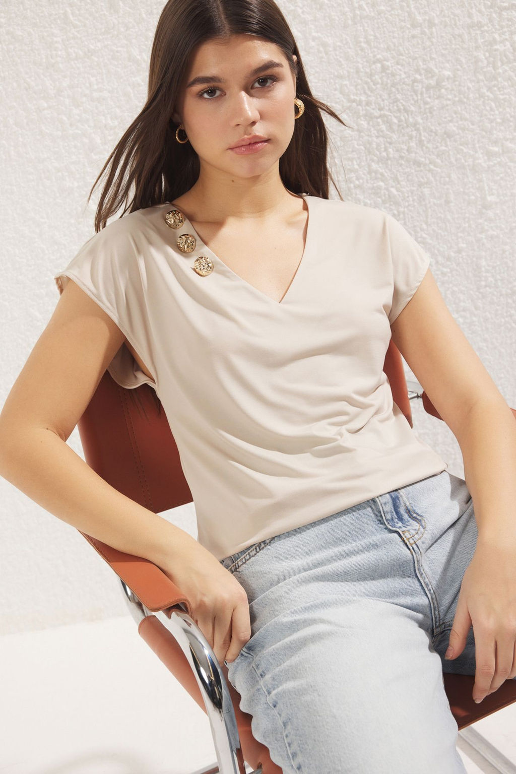 Siyah Dugme Detayl? Regular V Yaka Ay Kol Orme Bluz TWOSS25BZ00035 - Trendyolmilla фото 7