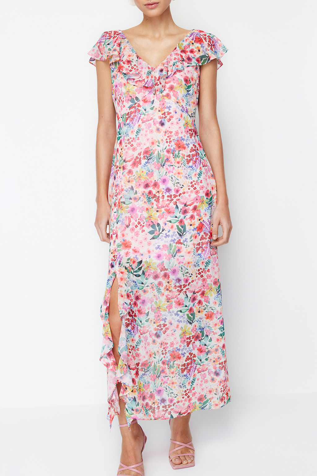 Pembe Cicekli F?rf?rl? Sifon Astarl? Maxi Dokuma Elbise TWOSS24EL00149 - Trendyolmilla фото 5