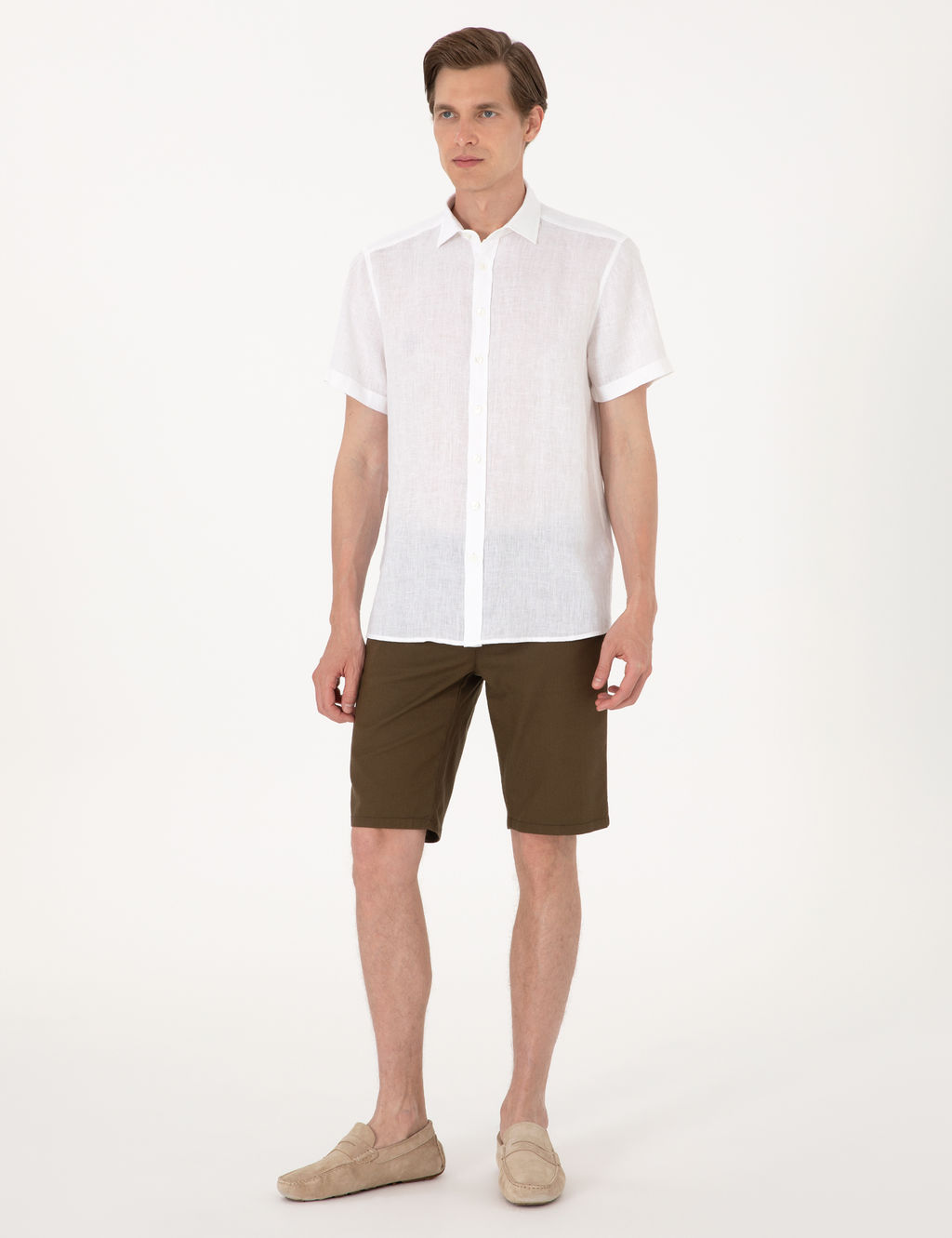 Beyaz %100 Keten Regular Fit K_sa Kollu G_mlek