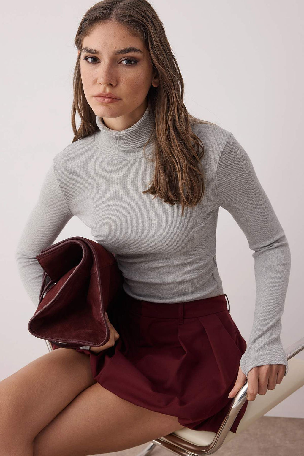 Gri Fitted/Vucuda Oturan Bal?kc? Yaka Parmak Detayl? Fitilli Esnek Orme Bluz TWOAW21BZ0071
