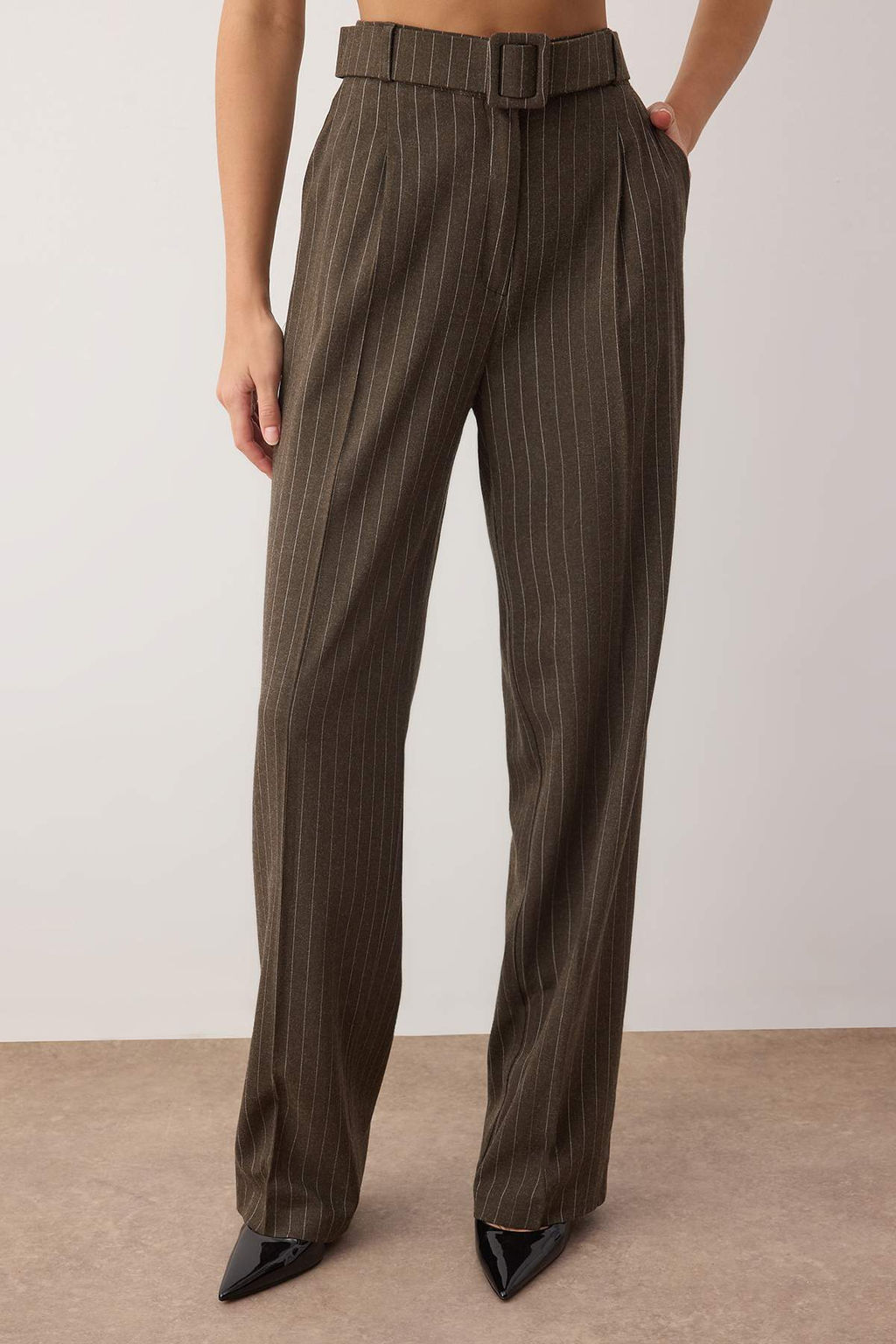 Haki Kemerli Cizgili Dokuma Genis Paca Pantolon TWOAW26PL00083 - Trendyolmilla фото 3