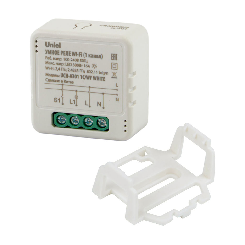 UCH-A301 1C/WF WHITE Умное реле Wi-Fi. 1 канал. 100-240В. 16А. 3500Вт. 300Вт для светодиодов. Встраиваемое. Голосовое управление+приложение UnielSmart. TM Uniel