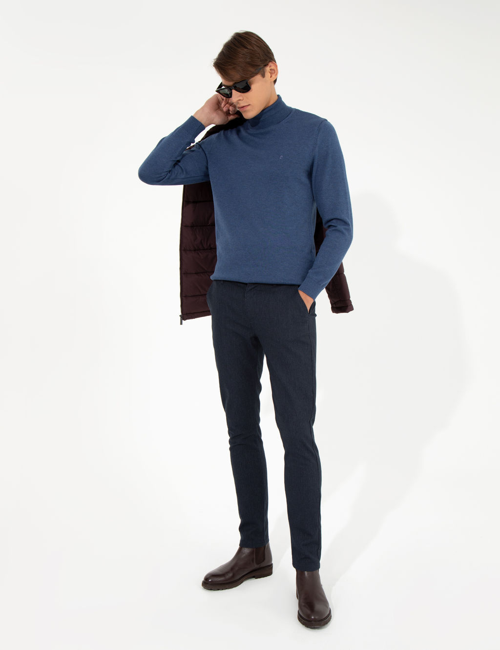 Lacivert Slim Fit Keten Kar___ml_ Chino Pantolon