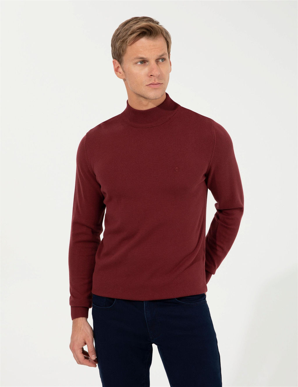 Bordo Slim Fit Yar_m Bal_k__ Yaka Basic Triko Kazak - Pierre cardin фото 3
