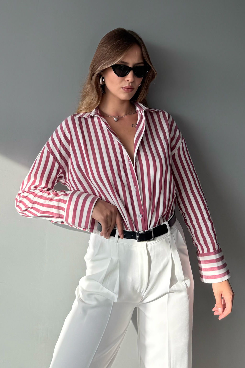 Kahverengi Bej Cizgili Oversize Gomlek TWOAW26GO00093 - Trendyolmilla фото 6