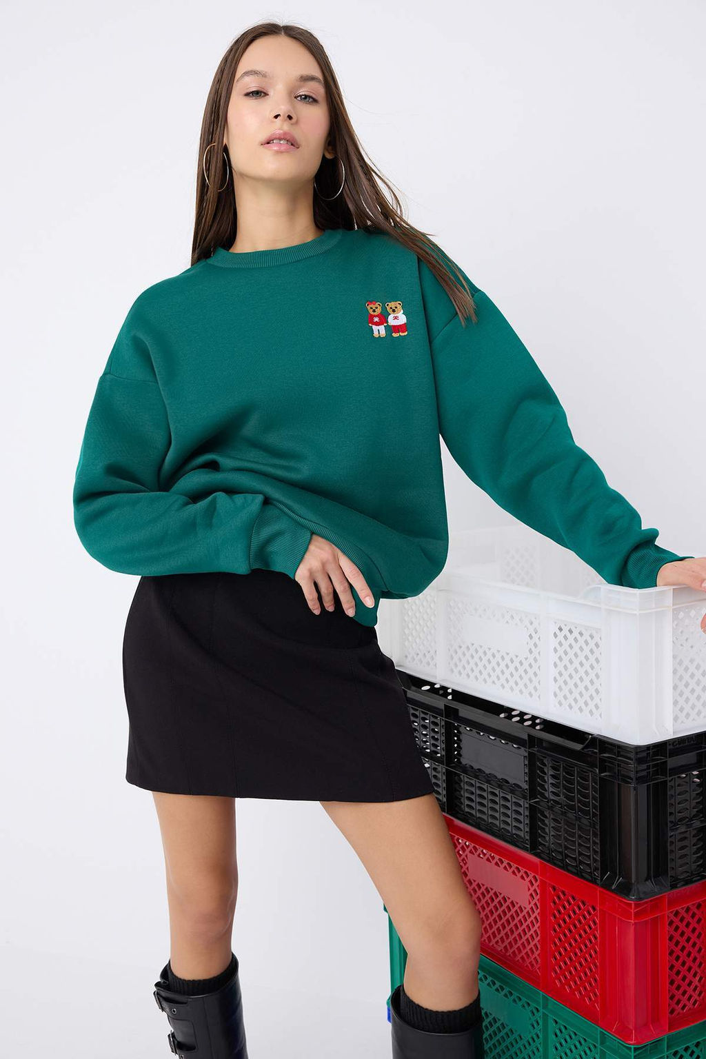 Teen Zumrut Yesili Ay?c?k Nak?sl? Oversize Ici Polarl? Orme Sweatshirt TWOAW26SW00197 - Trendyolmilla фото 4