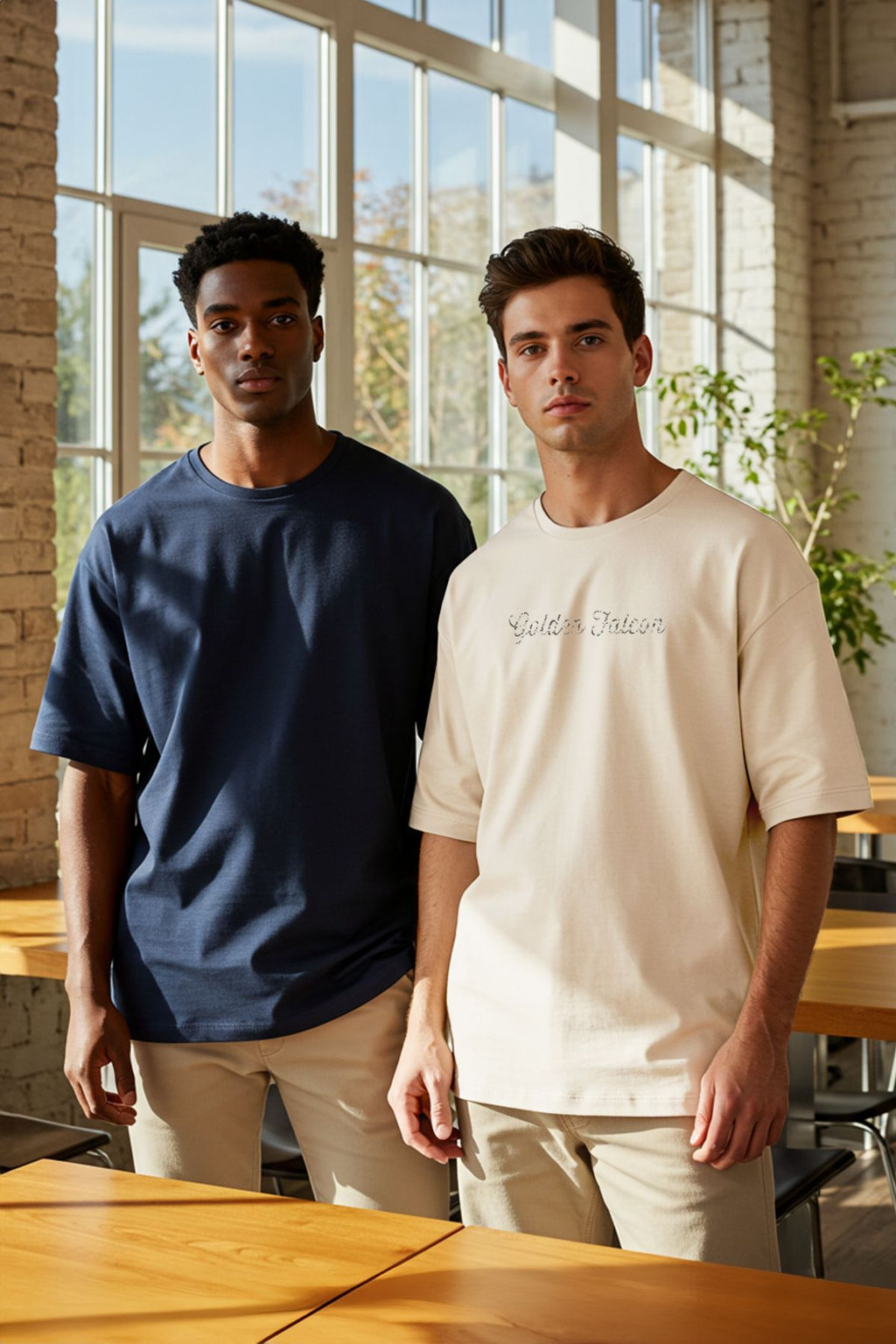 TRENDYOL MAN Lacivert-Bej Oversize/Genis Kesim 2li Paket Yaz? Bask?l?-Duz %100 Pamuk T-Shirt TMNSS25TS00215