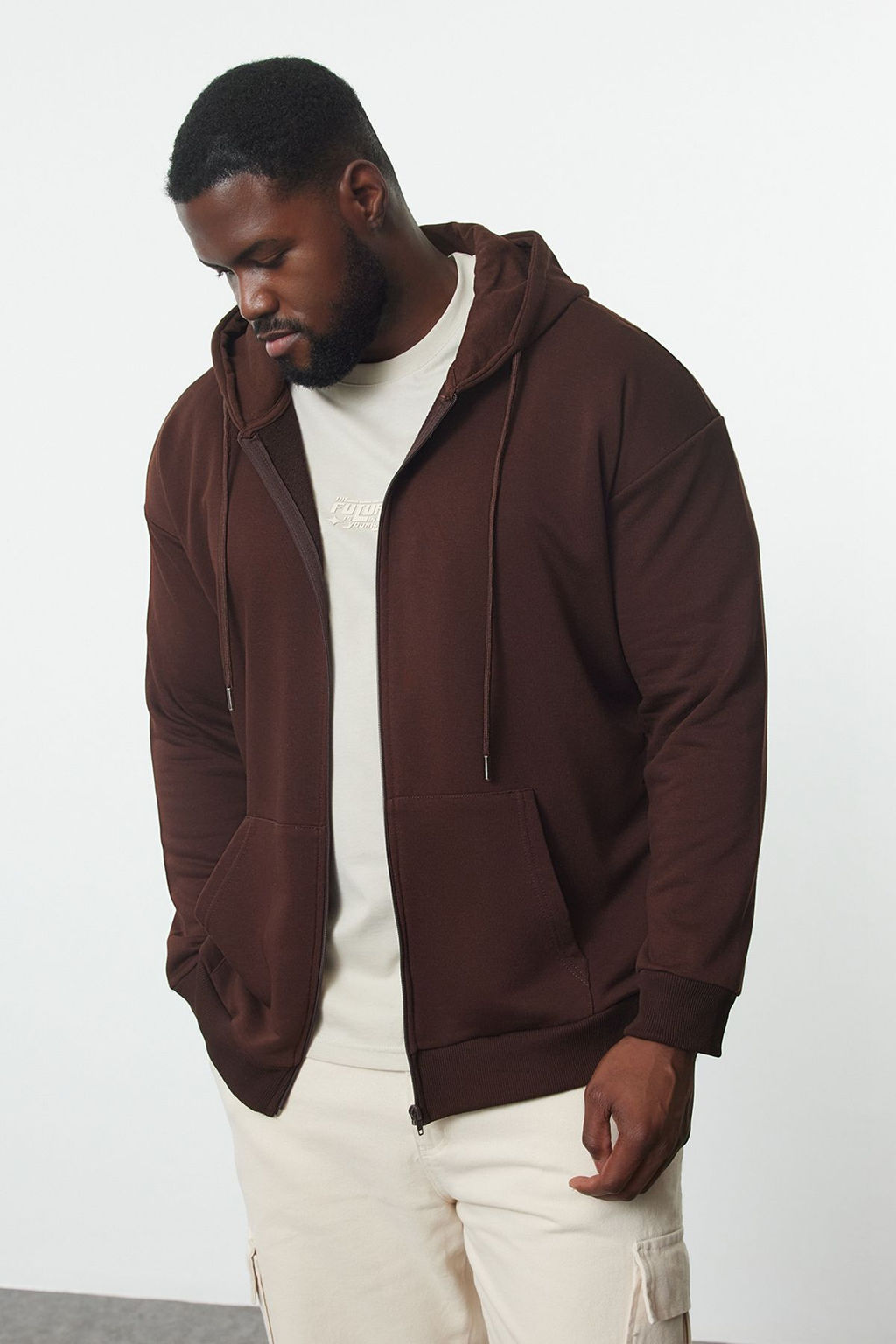 Kahverengi Buyuk Beden Oversize Basic Kapusonlu Fermuarl? Ici Polar Pamuk Sweatshirt TMNAW24AO00003