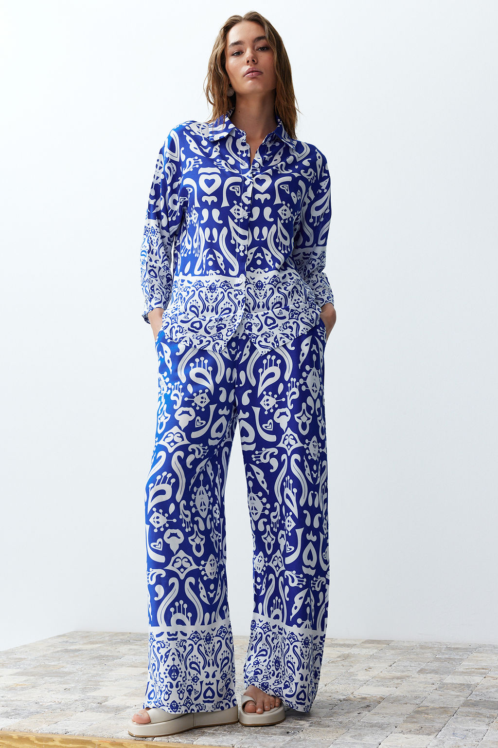 Mavi Zebra Desenli Dokuma Gomlek-Pantolon Tak?m TWOSS24AU00082