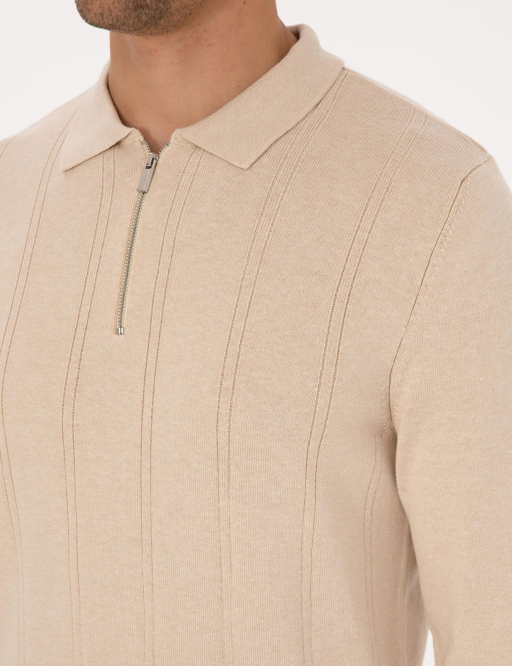 Bej Slim Fit Polo Yaka Fermuarl_ Triko Kazak - Pierre cardin фото 7