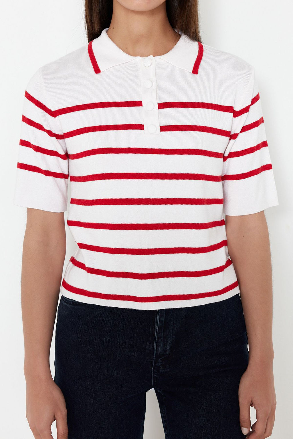 Ekru Premium Kalite Polo Yaka Cizgili Triko Kazak TWOSS24KZ00048 - Trendyolmilla фото 12