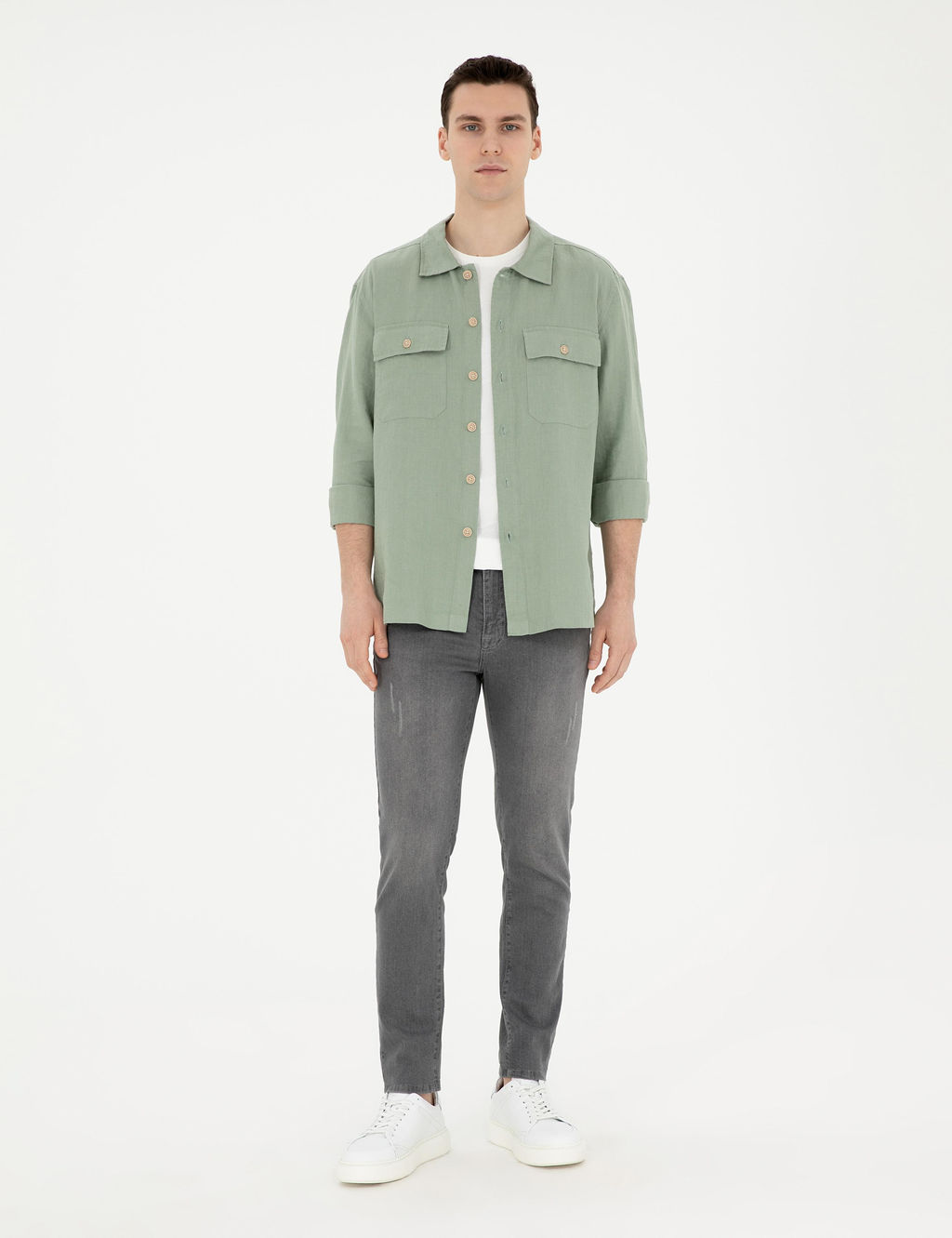 Ye_il Keten Comfort Fit Uzun Kollu G_mlek