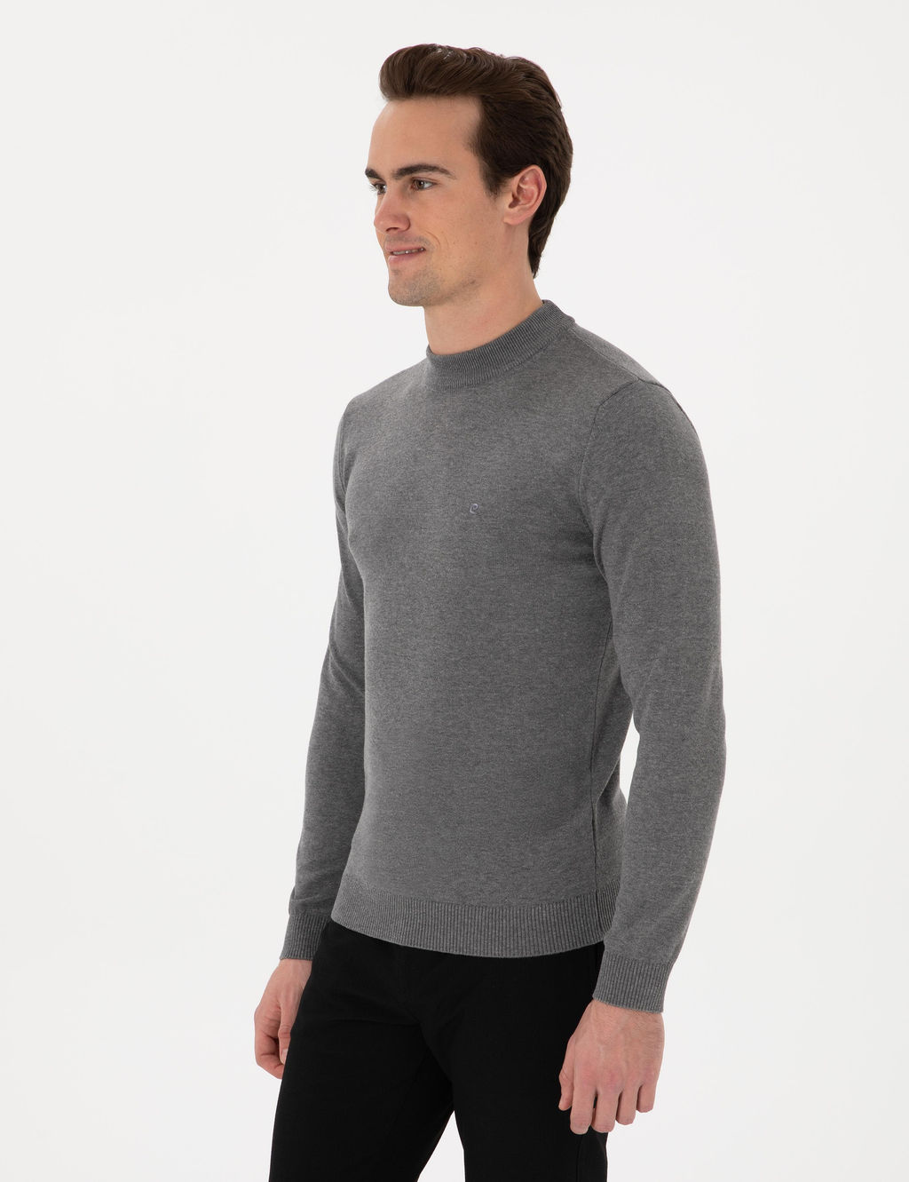 Gri Melanj Slim Fit _eyrek Yaka Basic Triko Kazak