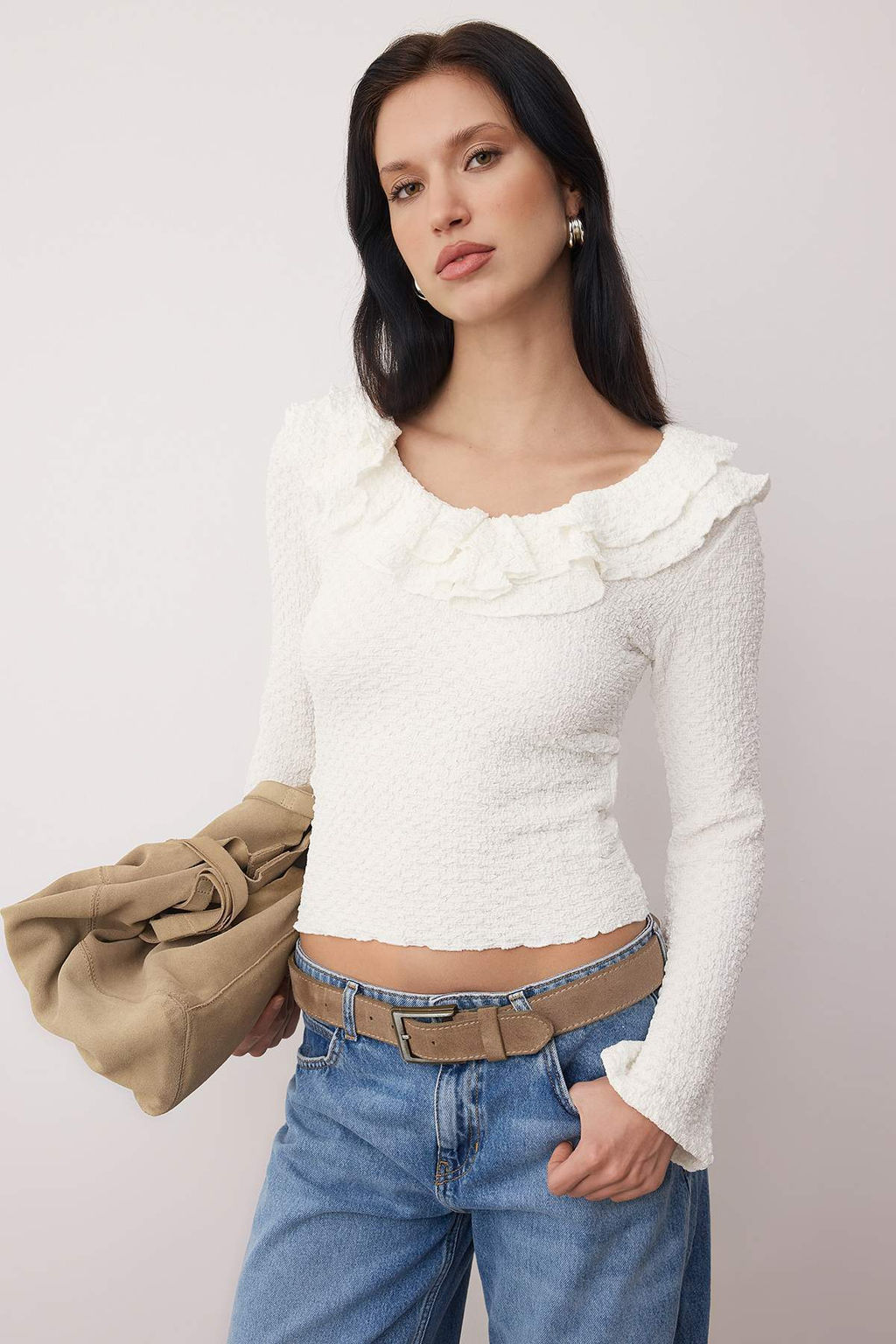 Kahverengi Dokulu Fitted/Vucuda Oturan F?f?r Detayl? Esnek Orme Bluz TWOAW26BZ00202 - Trendyolmilla фото 7